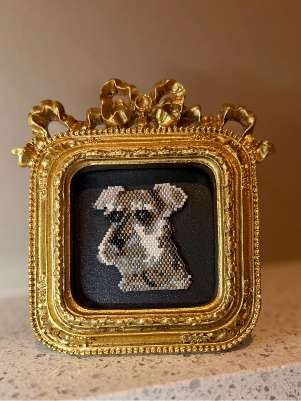 Framed Schnauzer Beaded Art โ Ornate Gold Mini Dog Portrait - Picture 9 of 9